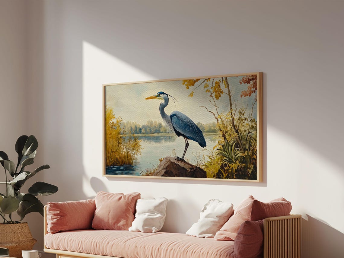 Blue Heron On Rock By Autumn Lake Bird Painting Wall Art Print - Image 4