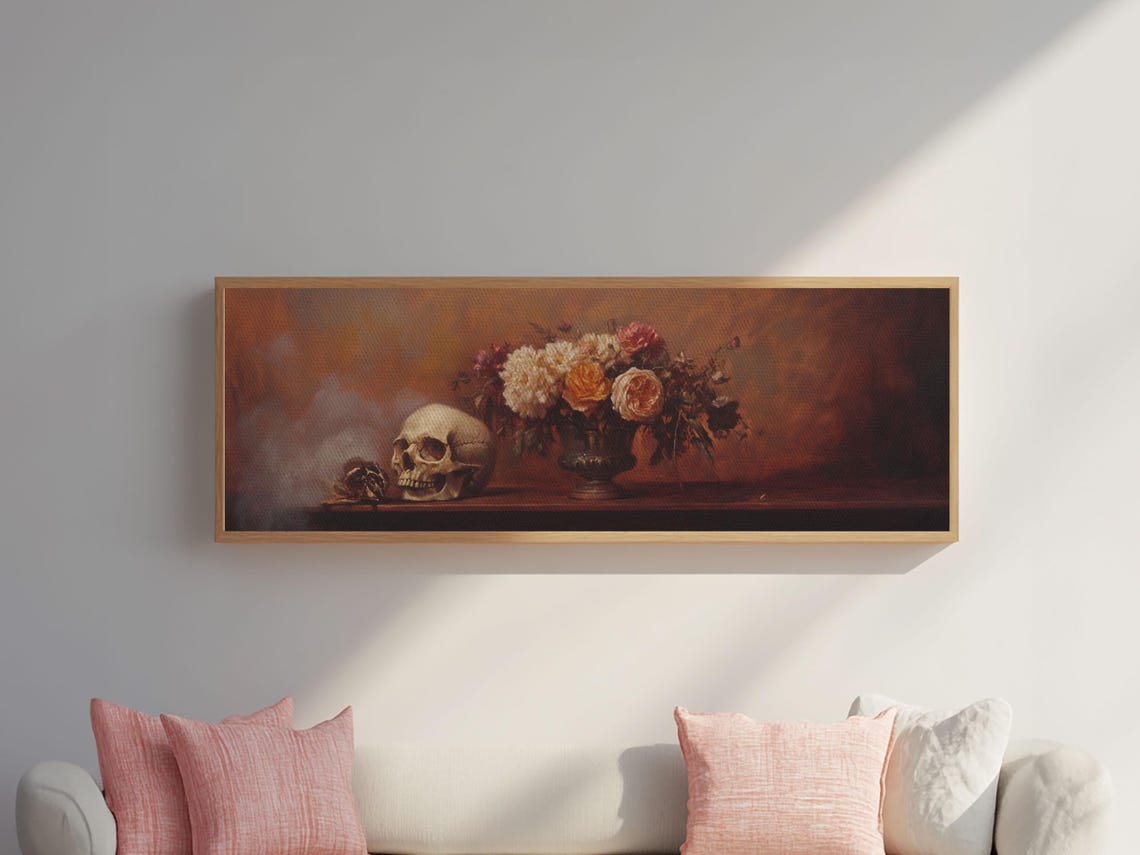 Skull Roses Gothic Still Life Dark Academia Panoramic Oil Wall Poster - Image 3
