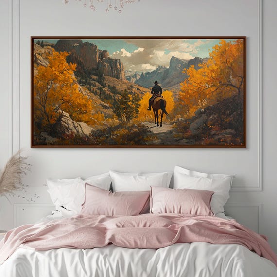 Wild West Cowboy In A Fall Landscape Painting Framed Print Addition To Your Fall Farmhouse Wall Decor Rustic Gallery Wall