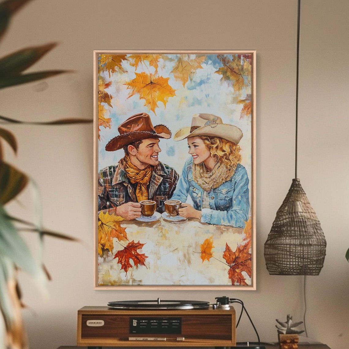 Western Couple Sharing Coffee Autumn Maple Leaves Smiling Art Poster - Image 3