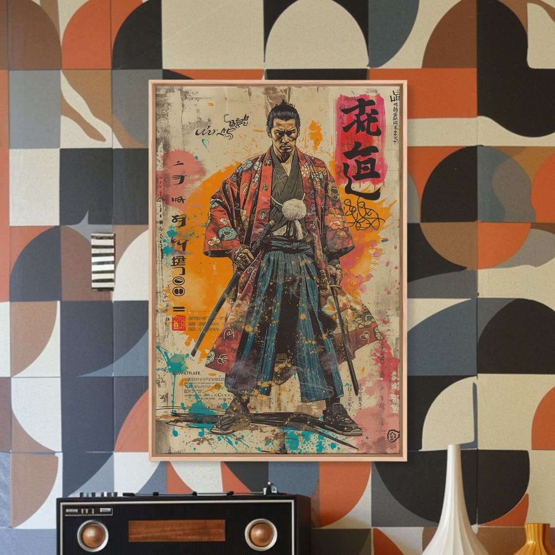 Japanese Samurai in Red Kimono Poster with Two Swords Ukiyo E Style - Image 5