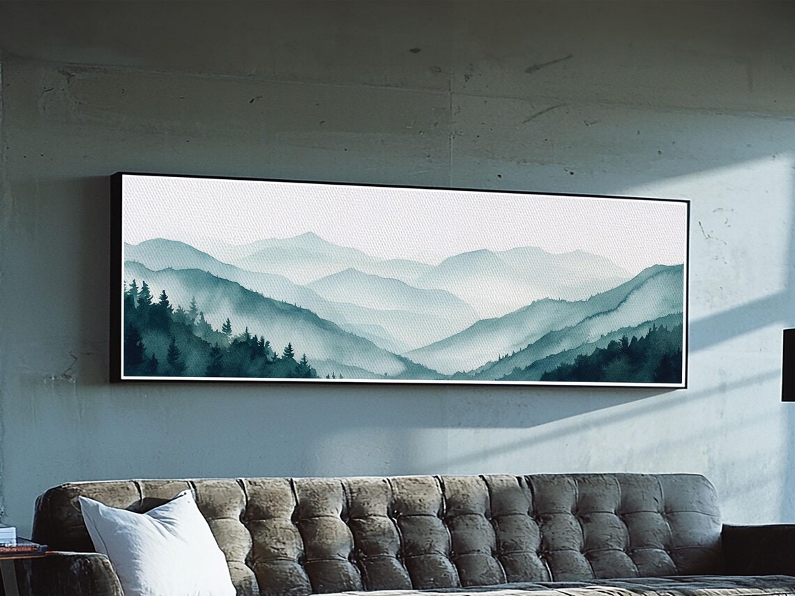 Indigo And Emerald Green Blue Ridge Mountains Framed Print Panoramic Home Decor Horizontal Art Mountain Landscape Painting - Image 4