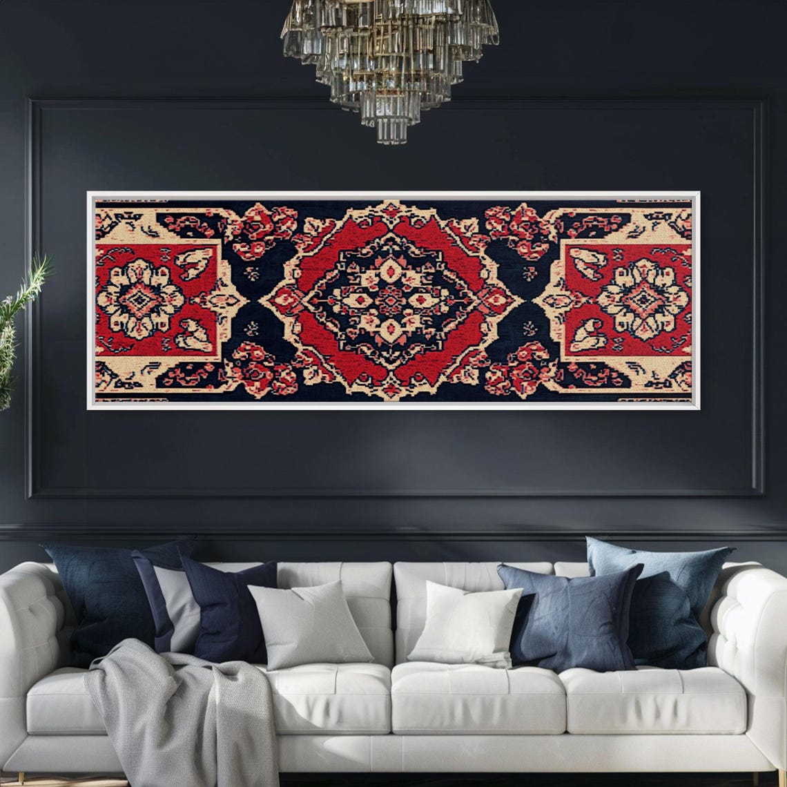 Vintage Red Navy Persian Rug Tapestry Pattern Panoramic Art Print - Image 4