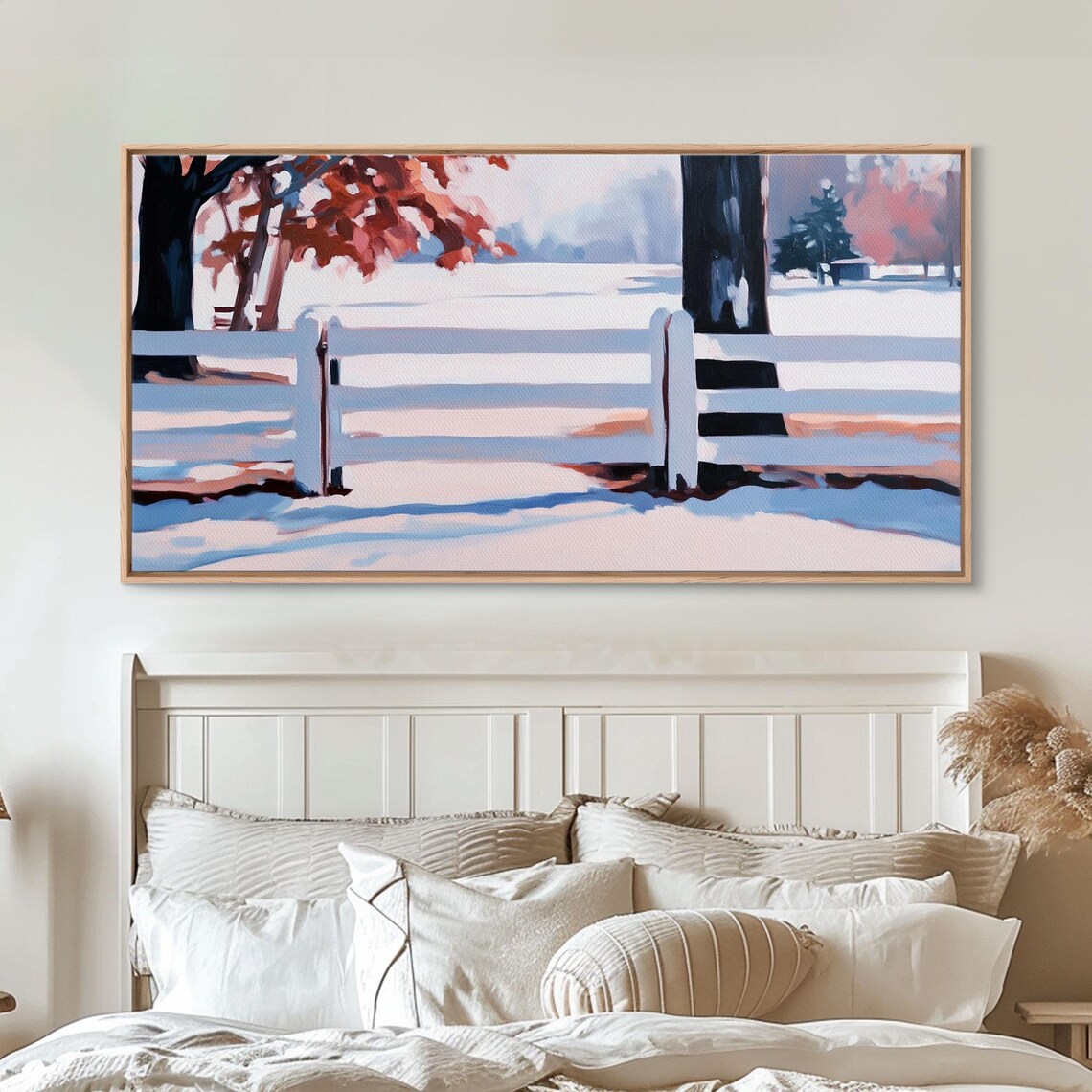 White Fence In A Snowy Field With Red Autumn Leaves Art Poster - Image 2