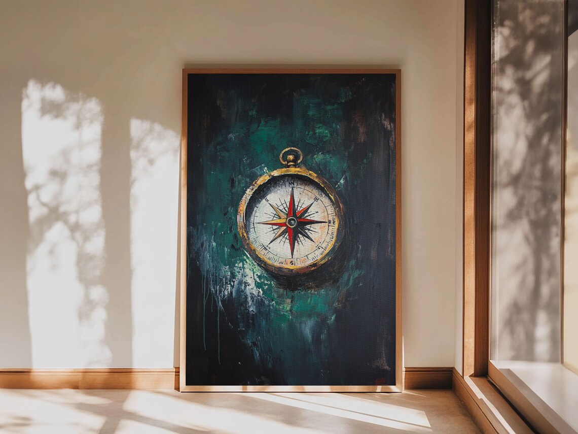 Brass Pocket Compass Oil Painting Dark Teal Nautical Adventure Art Print - Image 5