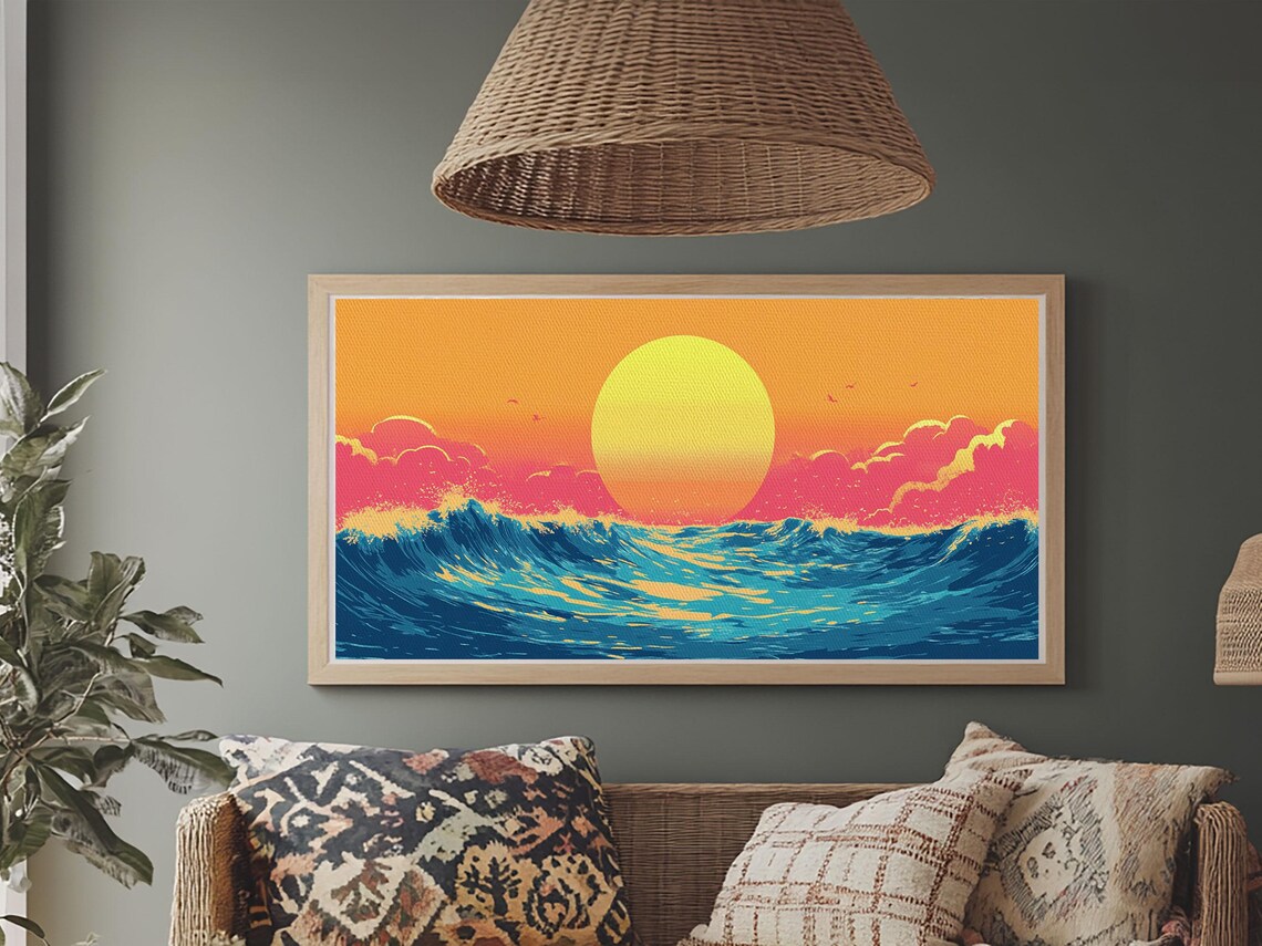 Retro Synthwave Sunset Over Ocean Waves Big Sun Colorful Beach Wall Poster