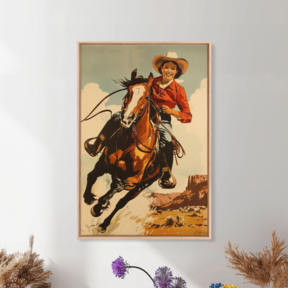 Retro Cowgirl Riding Galloping Horse Desert Canyon Ranch Poster - Image 5