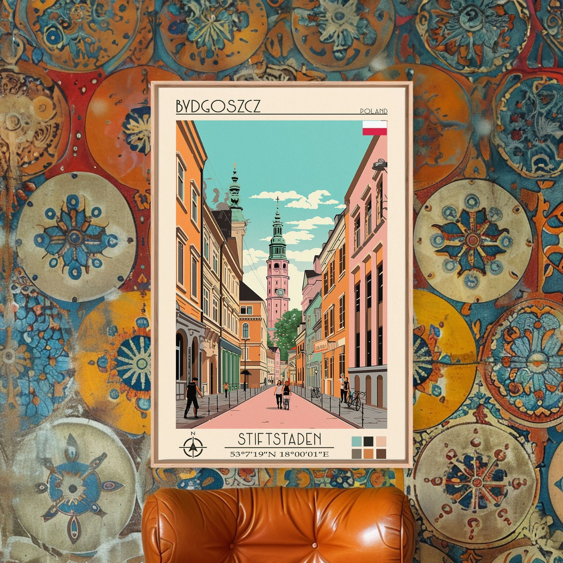 Bydgoszcz Poland Pink Street Twin Church Towers Pedestrian Poster - Image 3
