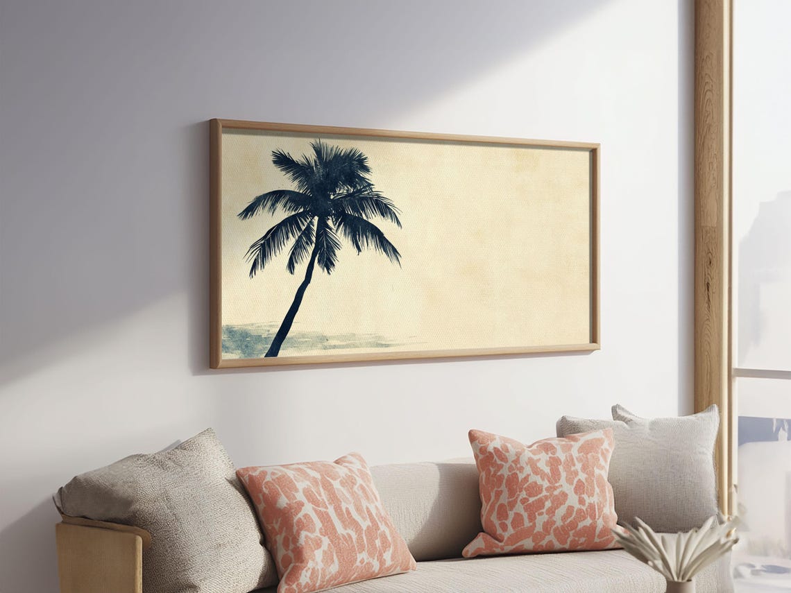 Leaning Palm Tree Silhouette Cream Beach Minimalist Painting Wall Art - Image 6