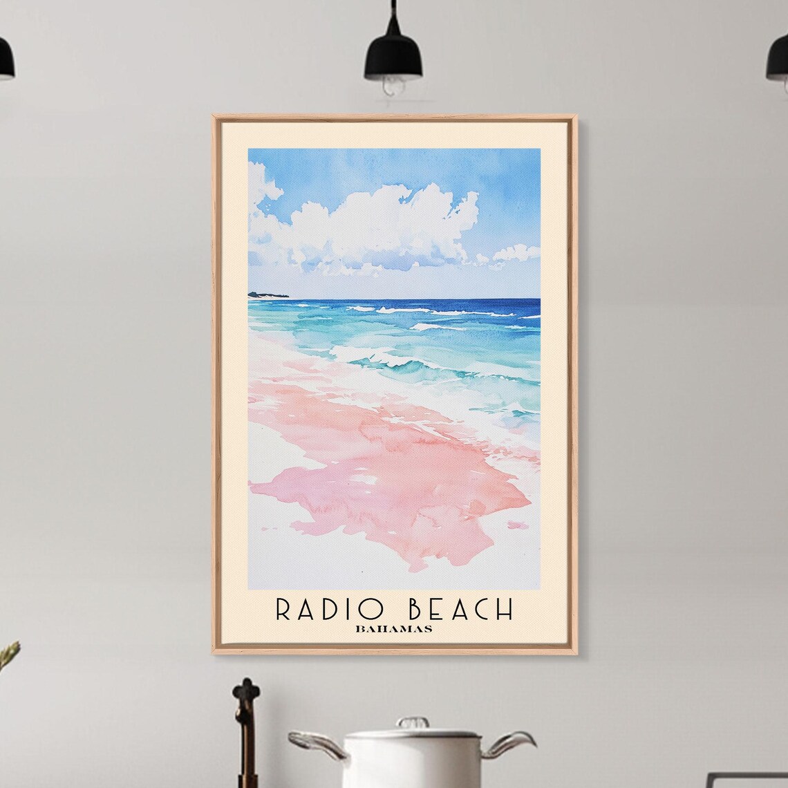 Radio Beach Bahamas Pink Sand Beach Turquoise Surf White Clouds Watercolor Poster - Image 6