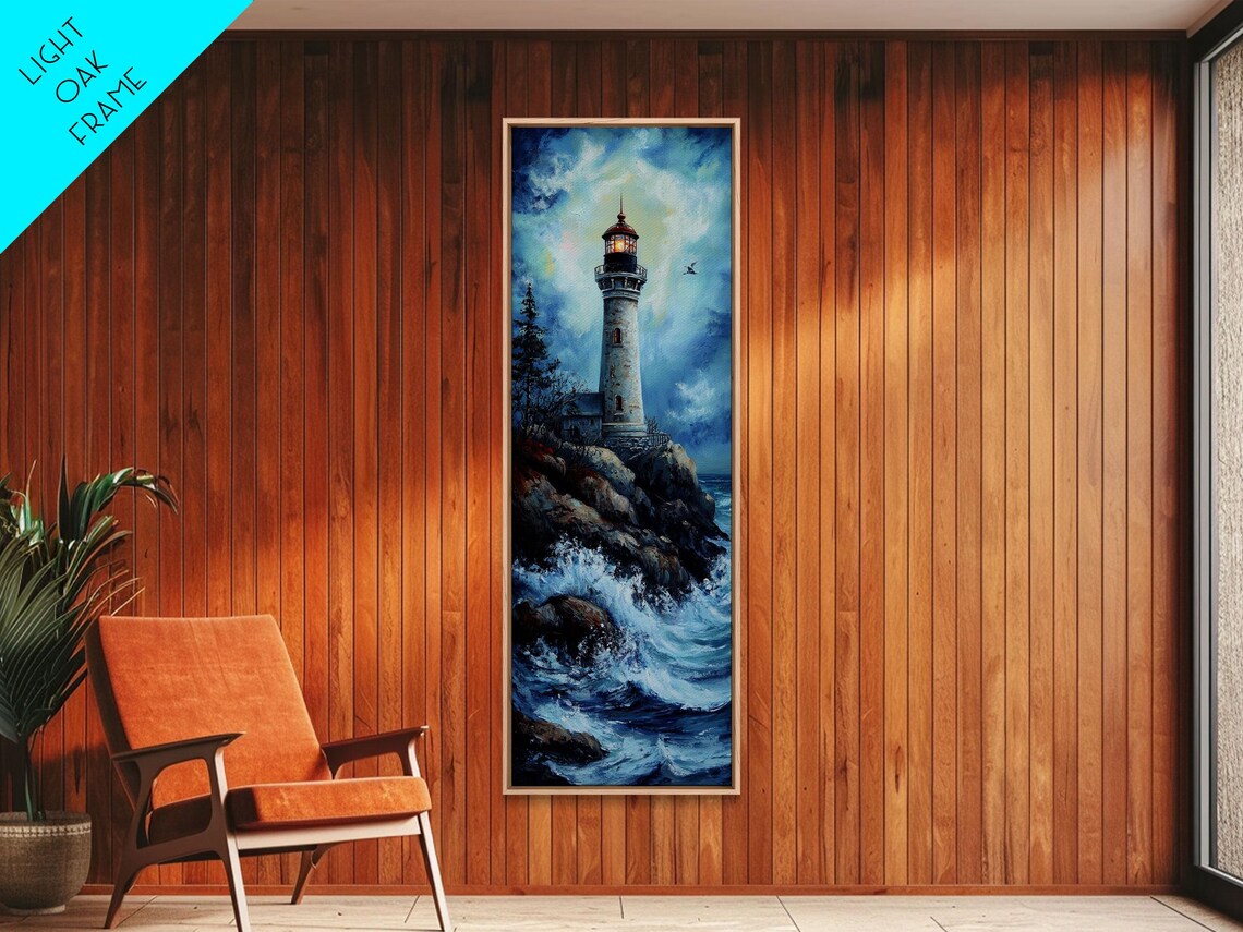 Rocky Coast Lighthouse Tower Crashing Ocean Waves Nautical Sky Wall Poster - Image 2