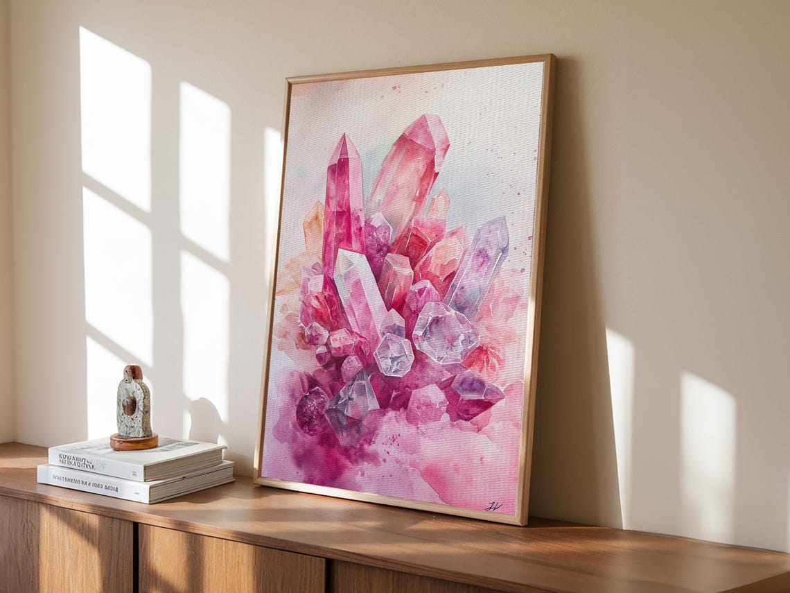 Pink Crystal Cluster Watercolor Gemstone Healing Spiritual Wall Art - Image 3