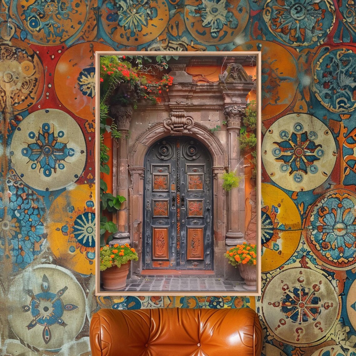 Dark Carved Wooden Double Door Orange Blooms Stone Portal Art Poster - Image 2