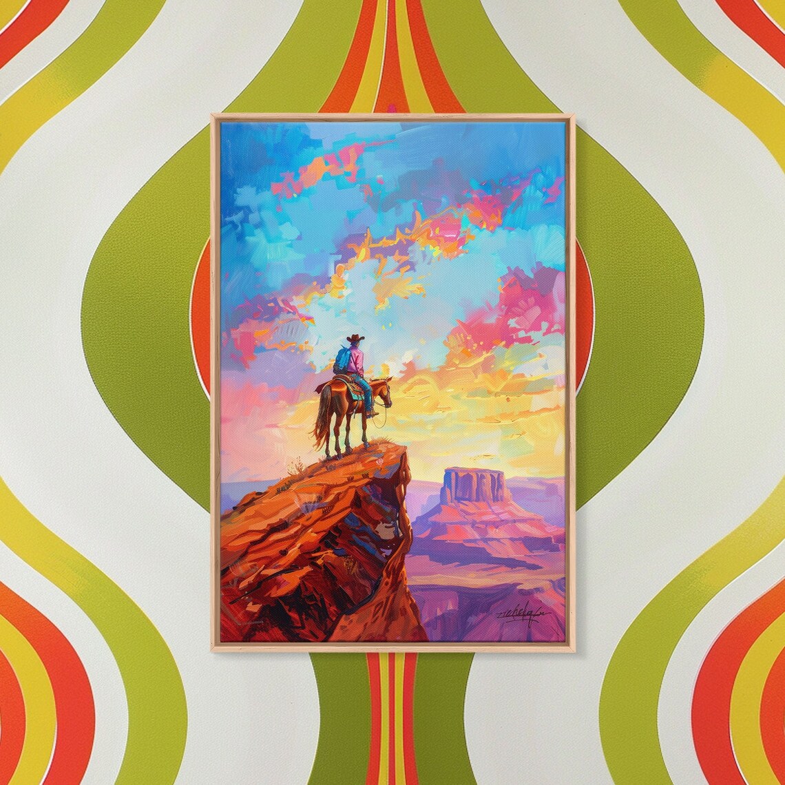 Cowboy On Horseback Overlooking Canyon At Colorful Sunset Art Poster - Image 2