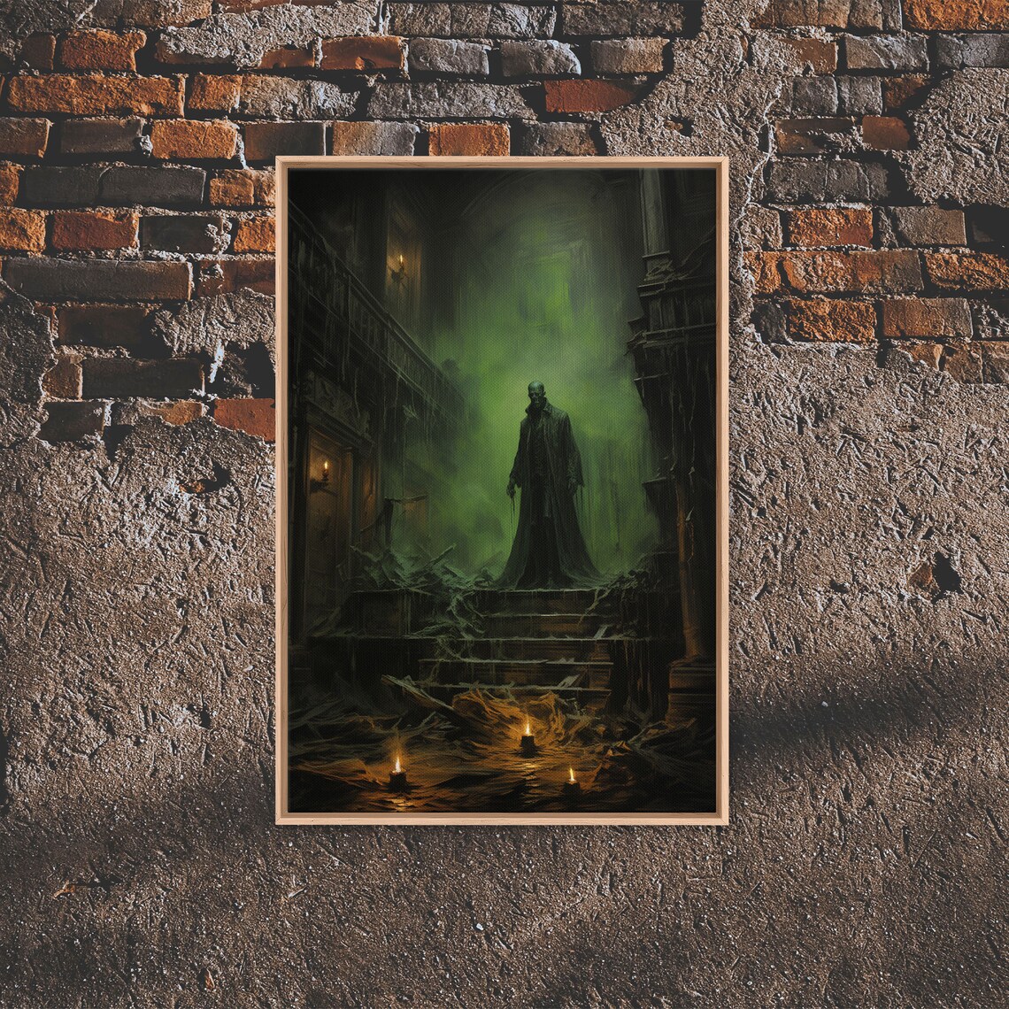 Dark Fantasy Cloaked Figure In Ruined Cathedral Green Fog Horror Poster - Image 4