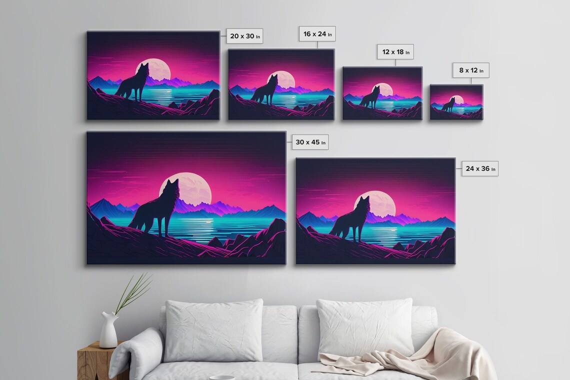 Wolf Silhouette Full Moon Synthwave Night Lake Mountains Wildlife Poster - Image 2
