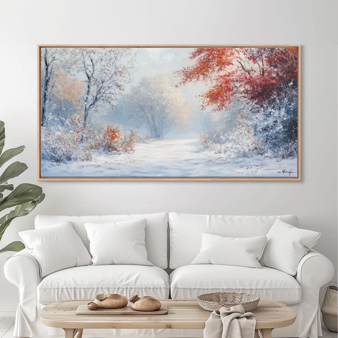 Snowy Winter Forest Path Red Leaves Falling Snow Scene Poster - Image 4