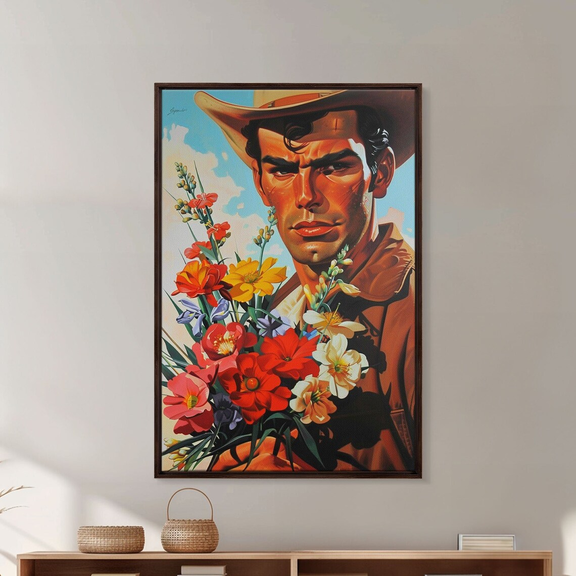 Cowboy Holding Bouquet Of Wildflowers Western Portrait Art Poster