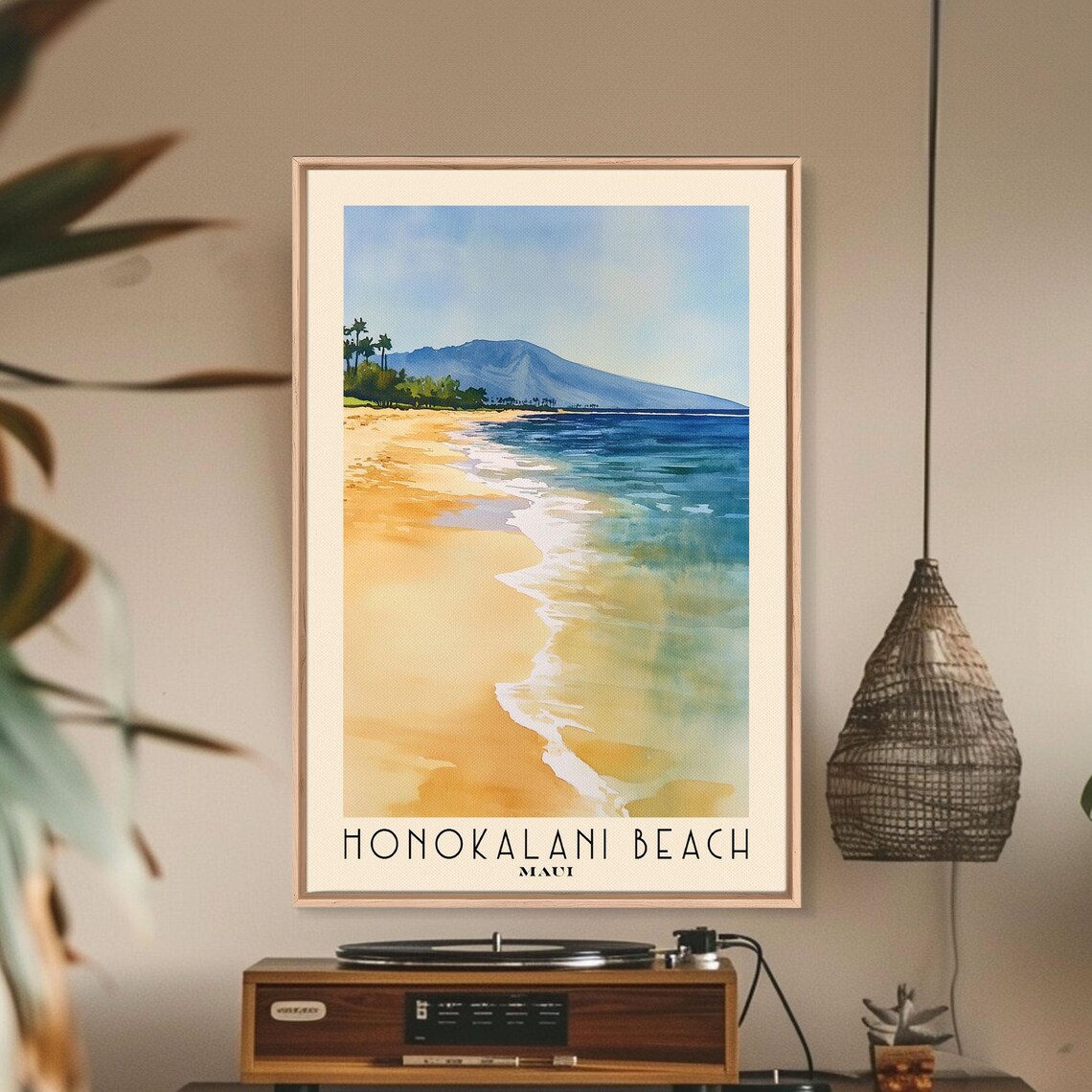 Honokalani Beach Maui Golden Shoreline Mountain View Travel Poster