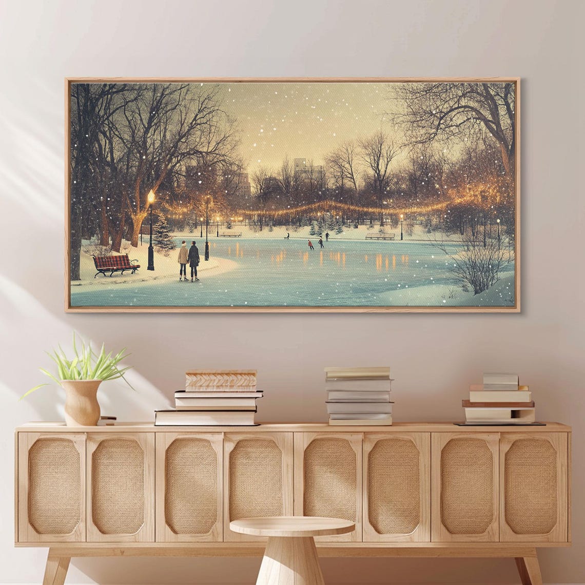 Winter Ice Skating Park Scene With Glowing String Lights Art Print - Image 6