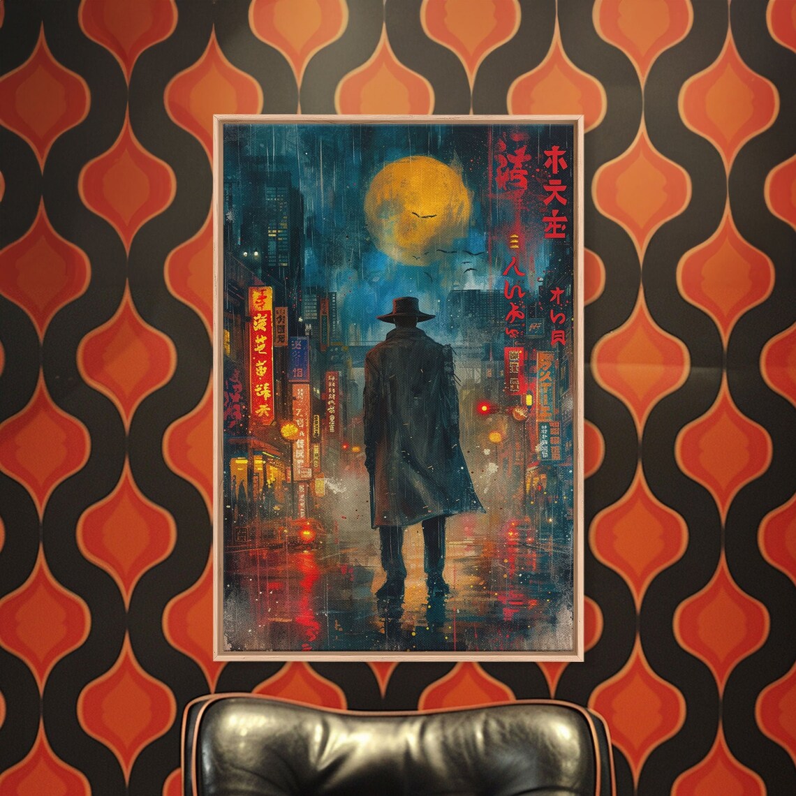 Tokyo Night Rainy Street Poster Detective Under Golden Moon Cityscape - Image 5