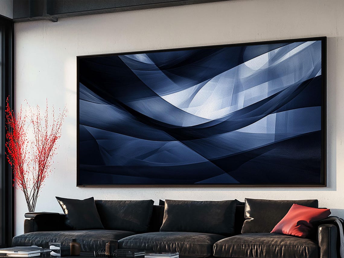 Flowing Blue Abstract Framed Print Minimalist Geometric Wall Art Above Sofa Decor Moody Panoramic Artwork Gift Living Room - Image 5