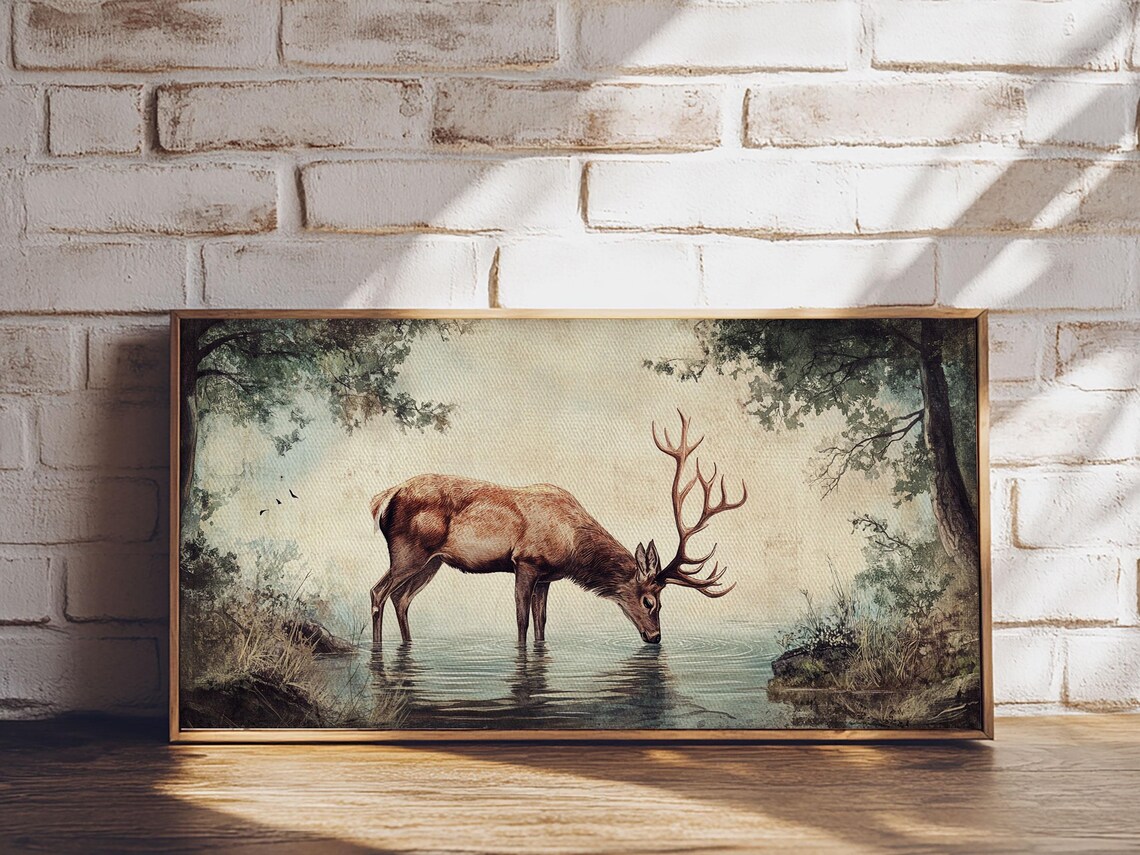 Elk Drinking Water in the Forest, Rustic Cabin Art Print - Image 3