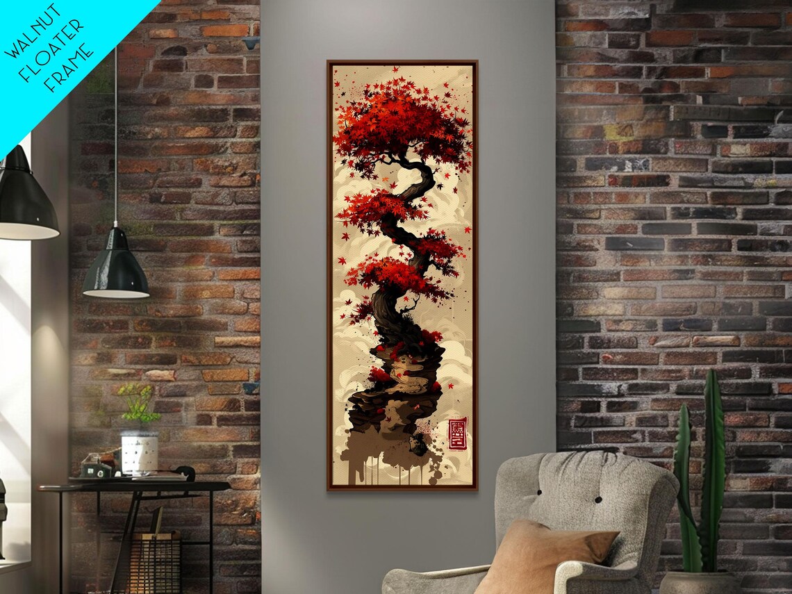 Vibrant Red Maple Tree With Twisting Branches On A Beige Background Ukiyo E Art Japanese Framed Print Skinny Tall Art - Image 3