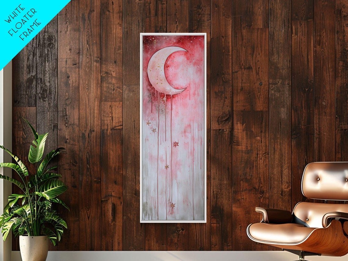 Crescent Moon Over Pink Starry Sky Watercolor Night Celestial Wall Art - Image 6