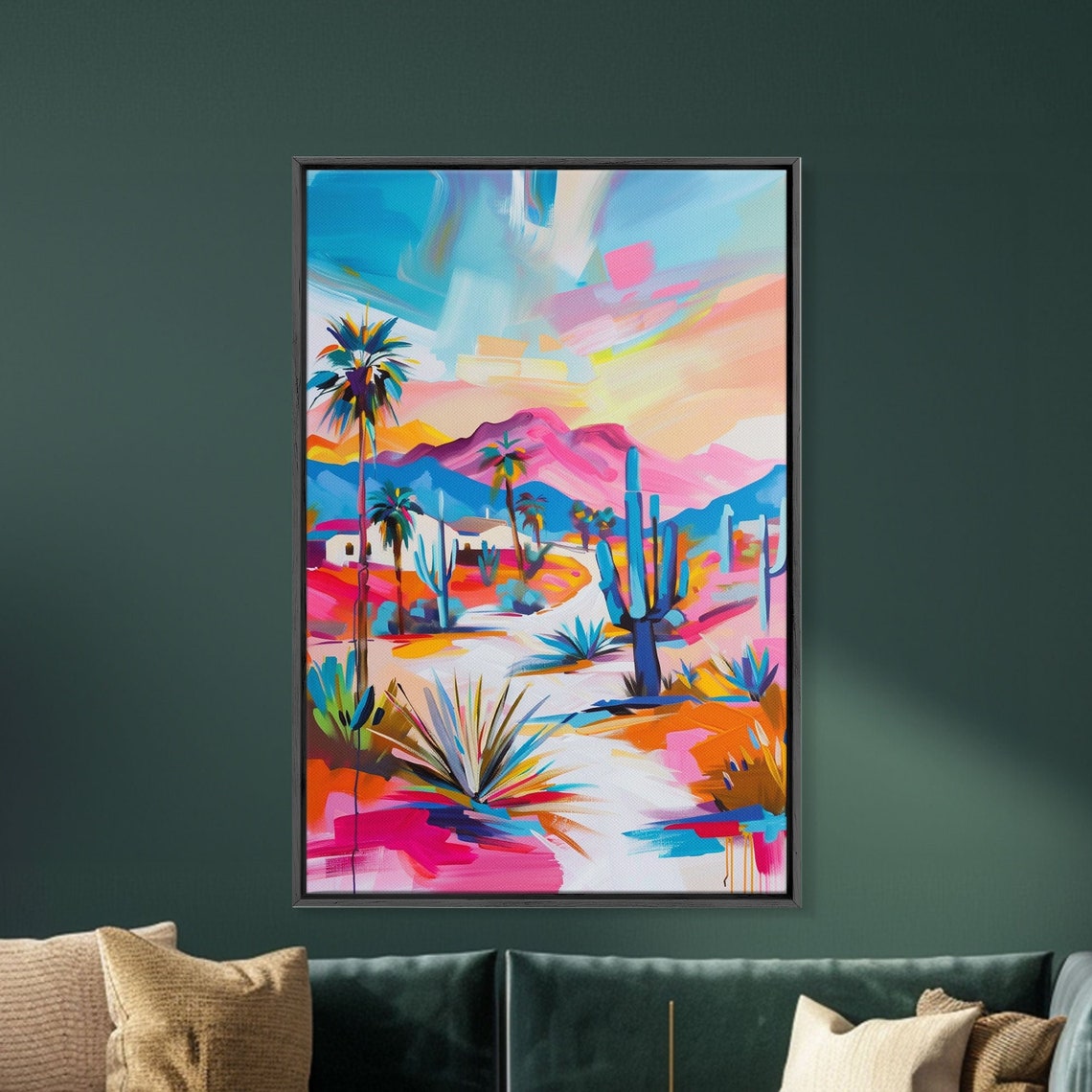 Desert Pathway Palms Cacti Mountains Colorful Southwest Art Poster - Image 5
