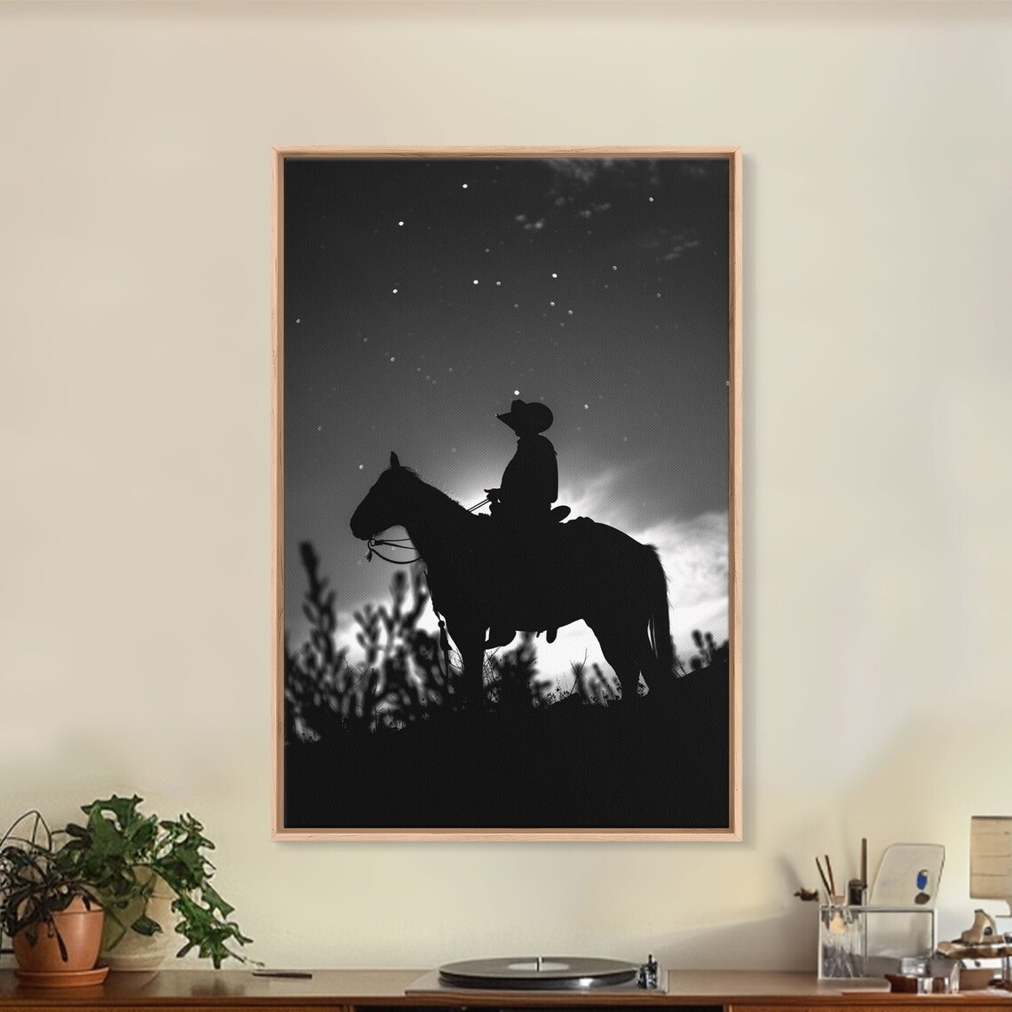 Cowboy On Horseback Under Starry Night Sky Art Print - Image 5
