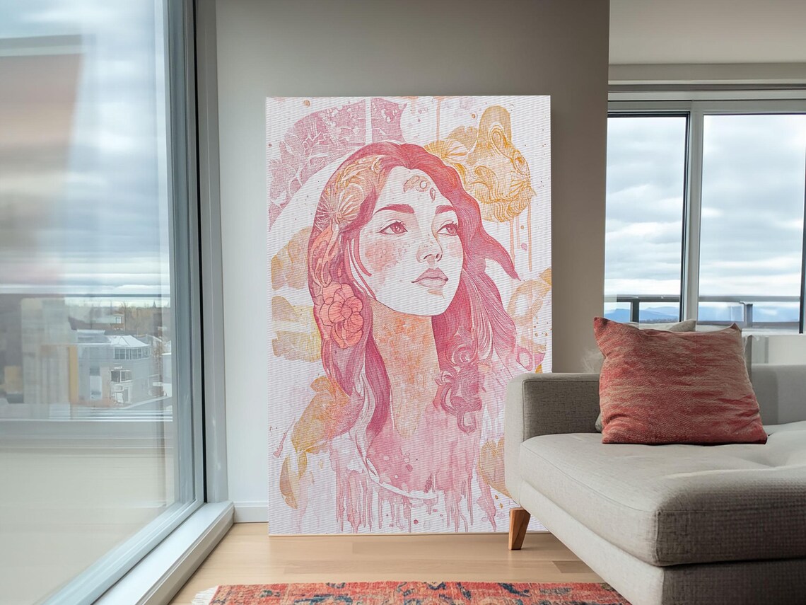 Pink Goddess Portrait Watercolor Floral Feminine Muse Wall Art Poster - Image 4