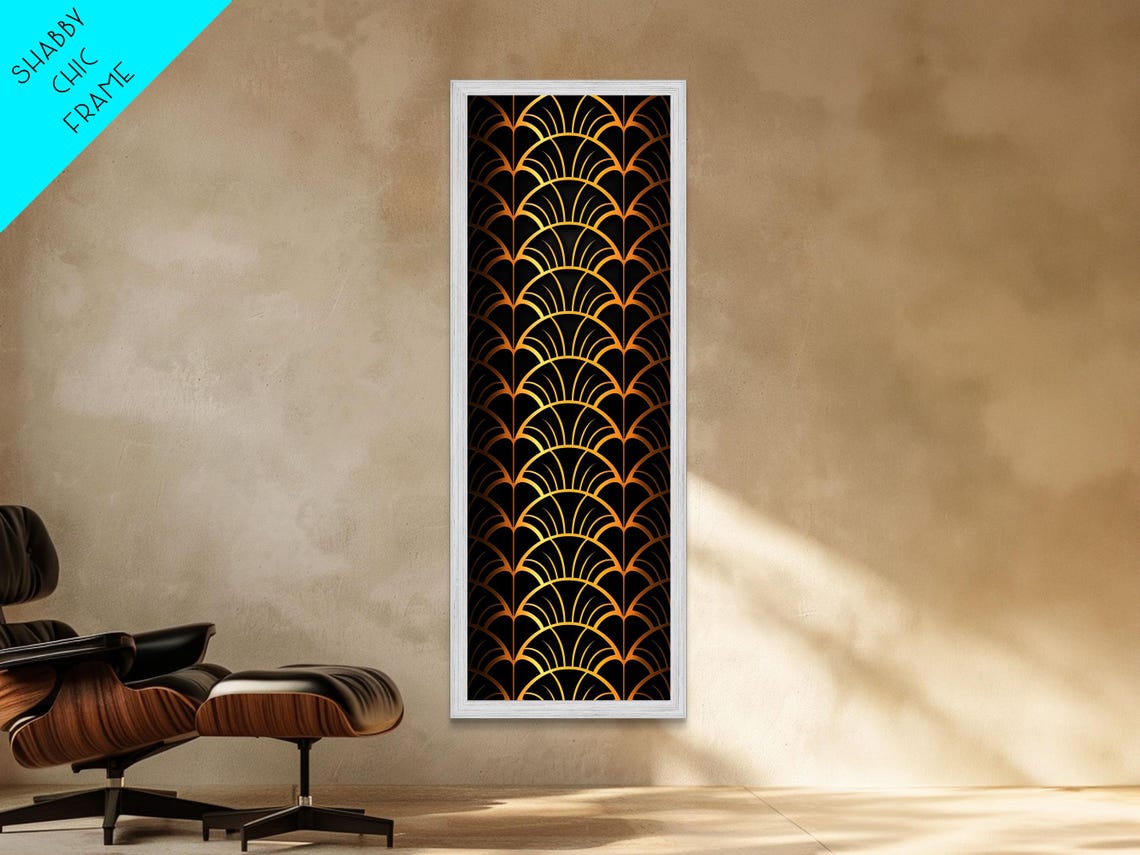Gold Art Deco Fan Scallop Pattern Black Background Wall Print