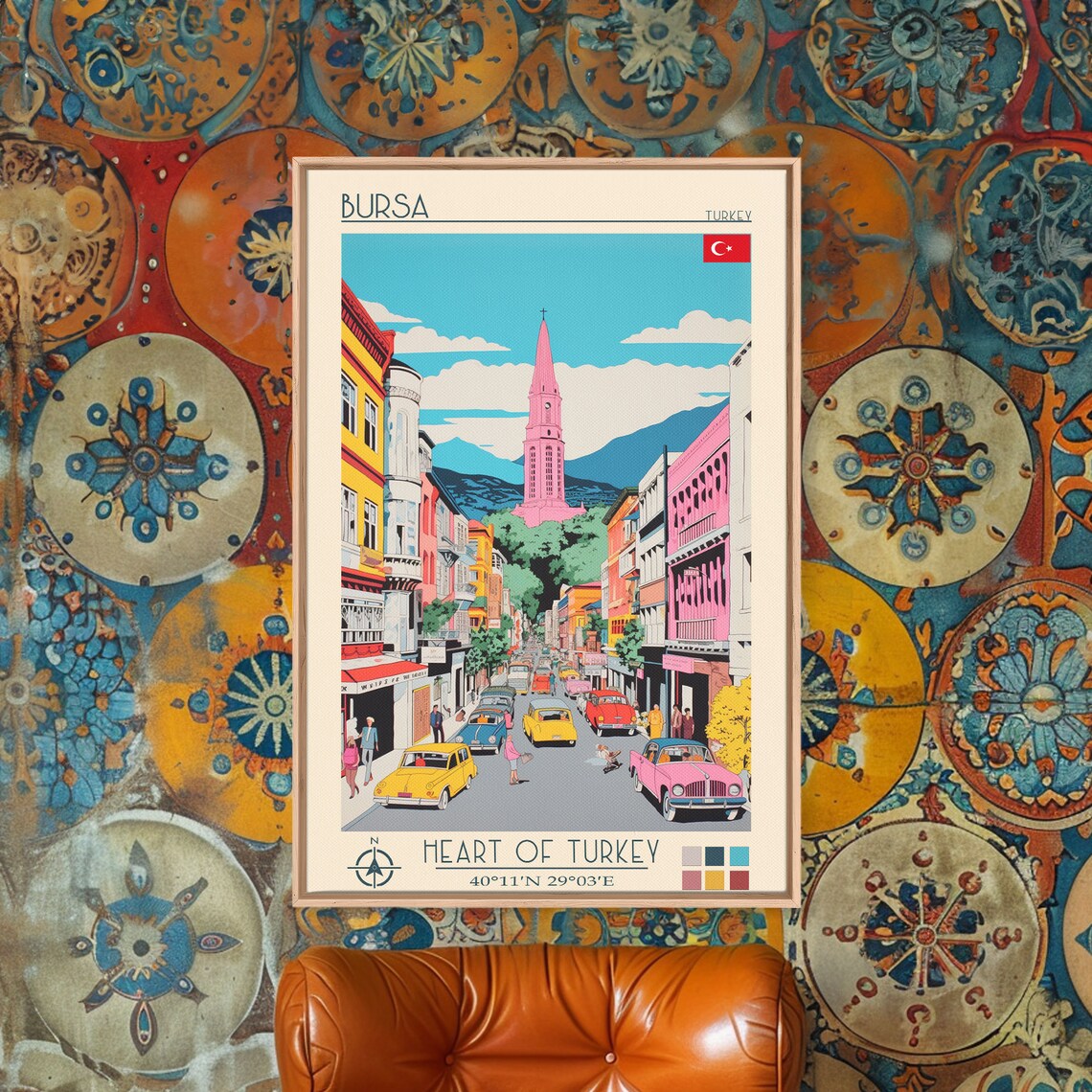Bursa Turkey Bustling Street Colorful Classic Cars Tower View Poster - Image 3
