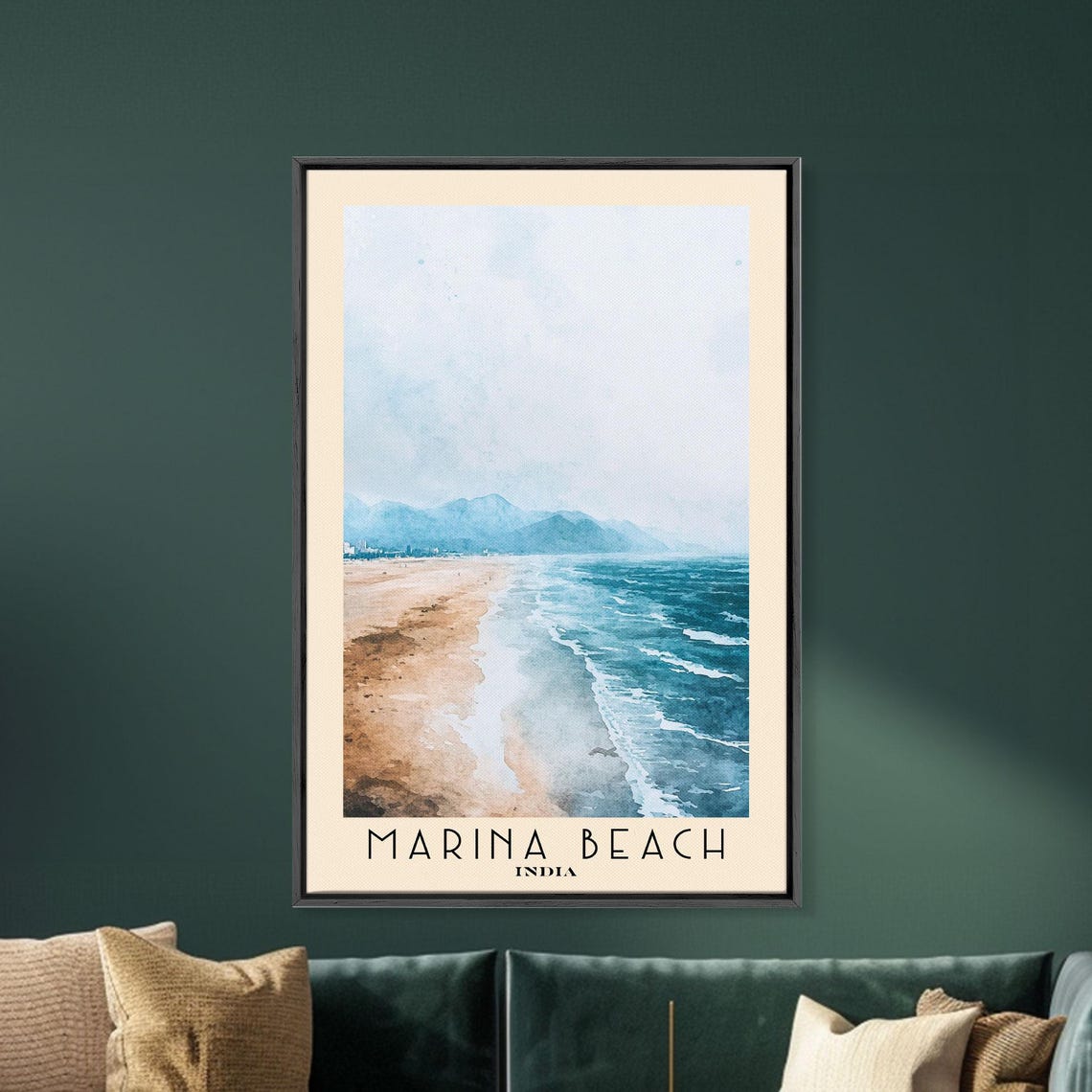 Marina Beach India Long Sandy Shore Rolling Waves Watercolor Poster - Image 5