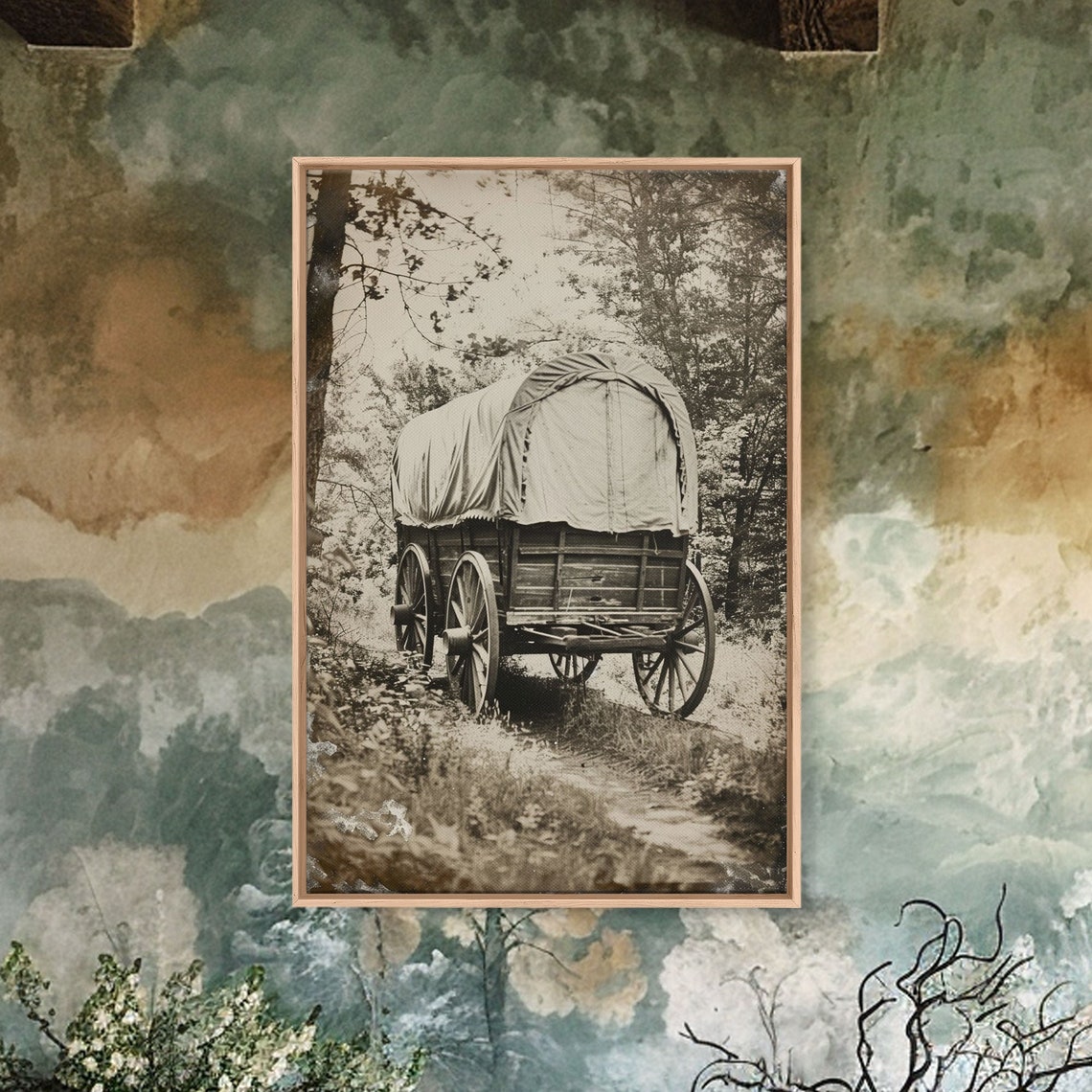 Pioneer Covered Wagon Forest Trail Sepia Vintage Antique Wall Poster - Image 3