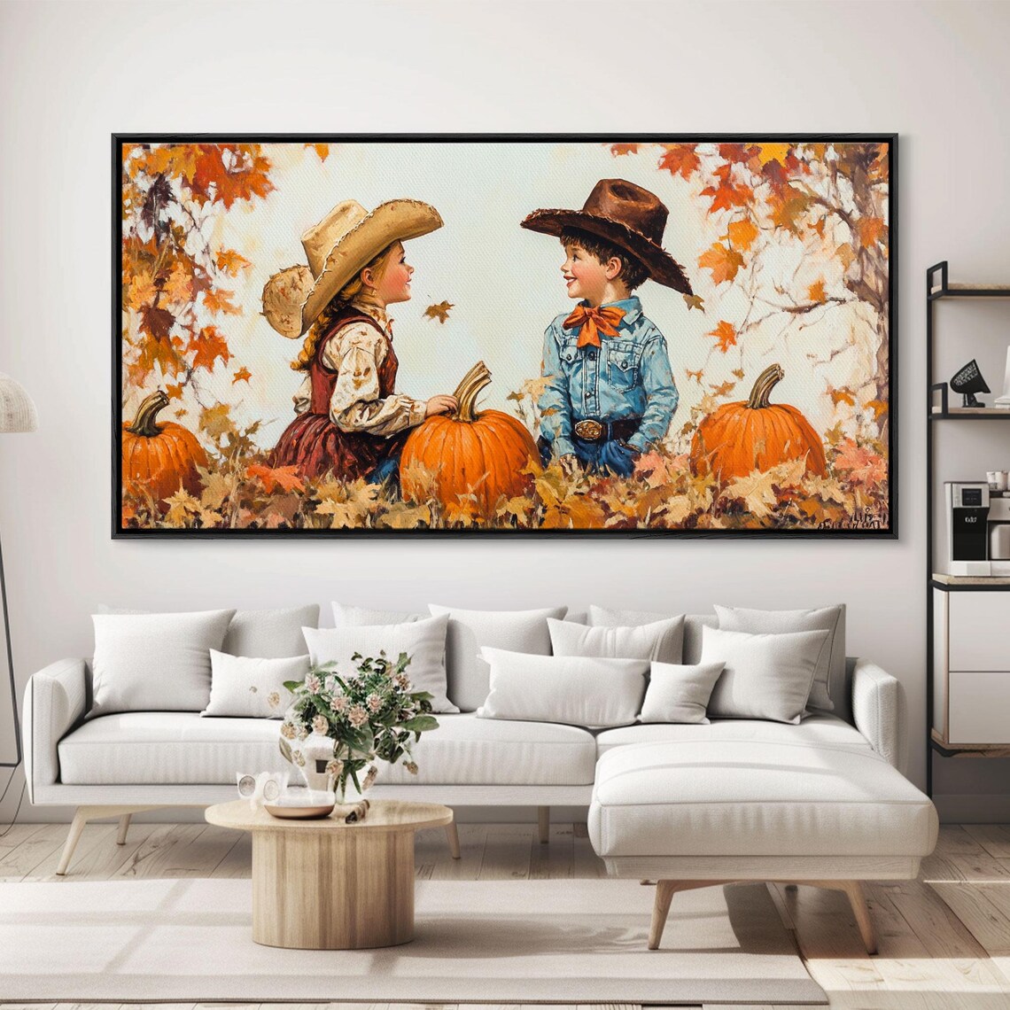 Cowboy Cowgirl Kids In A Pumpkin Patch Vintage Fall Art Print - Image 2