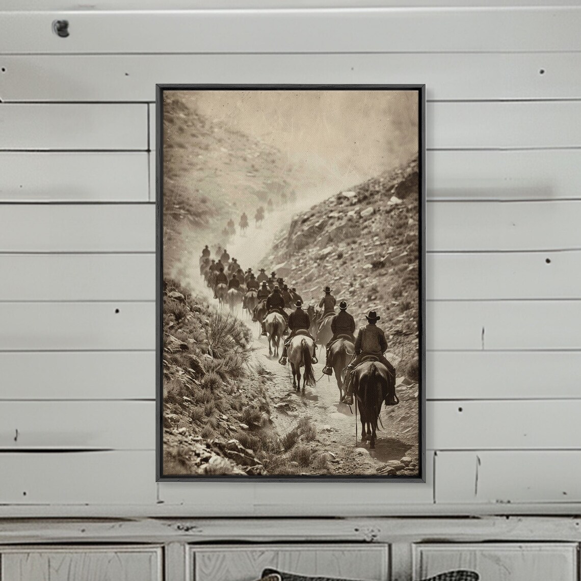 Vintage Cowboys Riding Mountain Trail Sepia Cattle Drive Wall Poster - Image 2