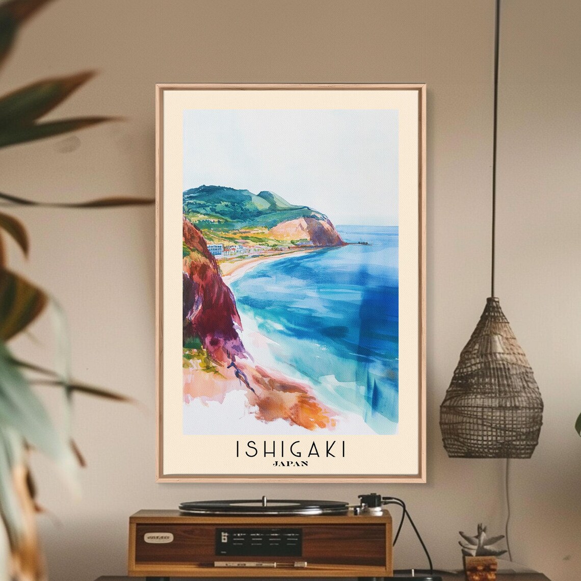 Ishigaki Japan Colorful Cliffs Turquoise Bay Green Hills Watercolor Poster