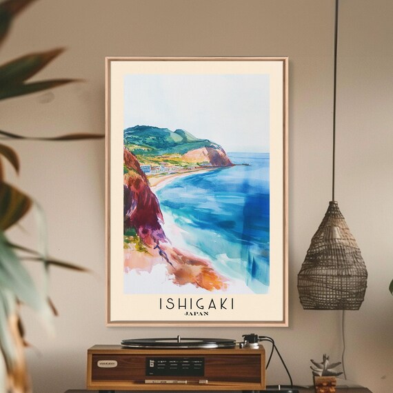 Ishigaki Japan Colorful Cliffs Turquoise Bay Green Hills Watercolor Poster