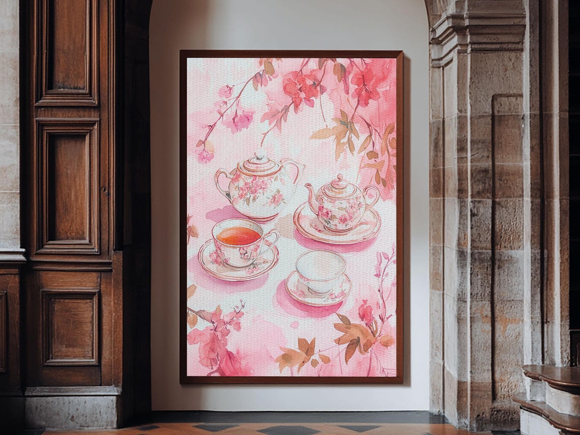 Pink Floral Tea Set With Cherry Blossoms Watercolor Wall Art Print - Image 6