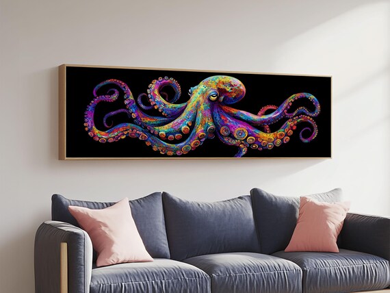 Vibrant Octopus Art Print Coastal Decor Nautical Wall Art Gift Idea Underwater Ocean Life Abstract Extra Wide Horizontal