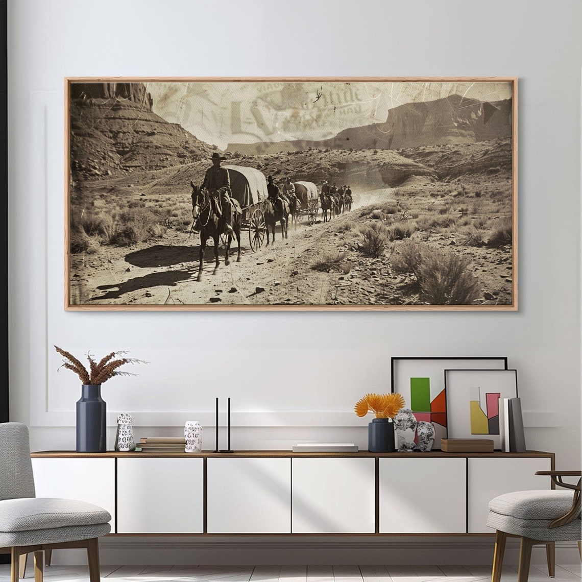 Western Wagon Train Crossing Desert Canyon Dusty Trail Sepia Print - Image 4