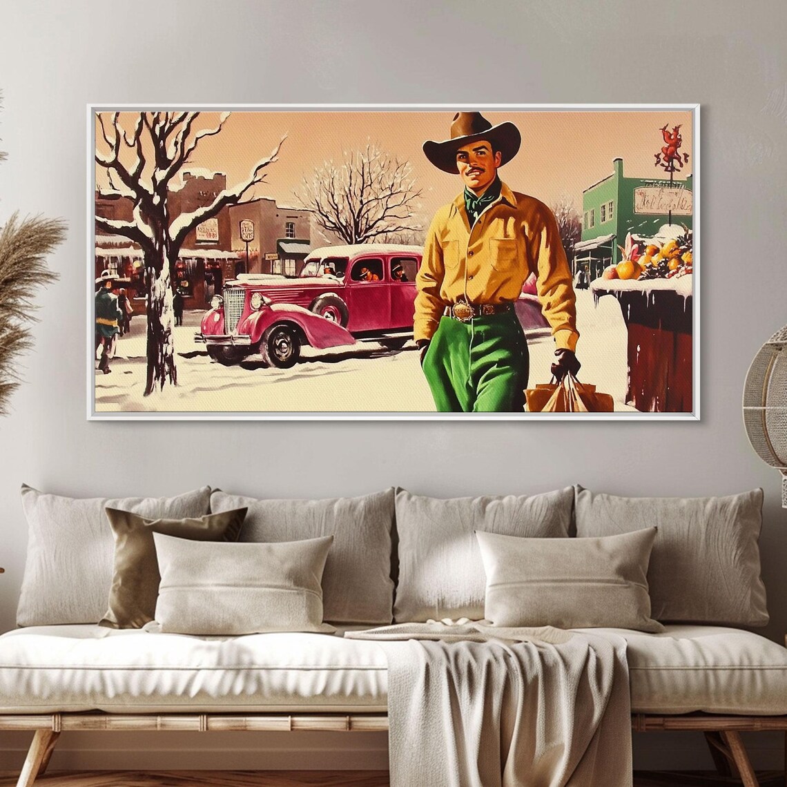 Retro 1950s Cowboy Strolling Snowy Small Town Street Christmas Poster - Image 4