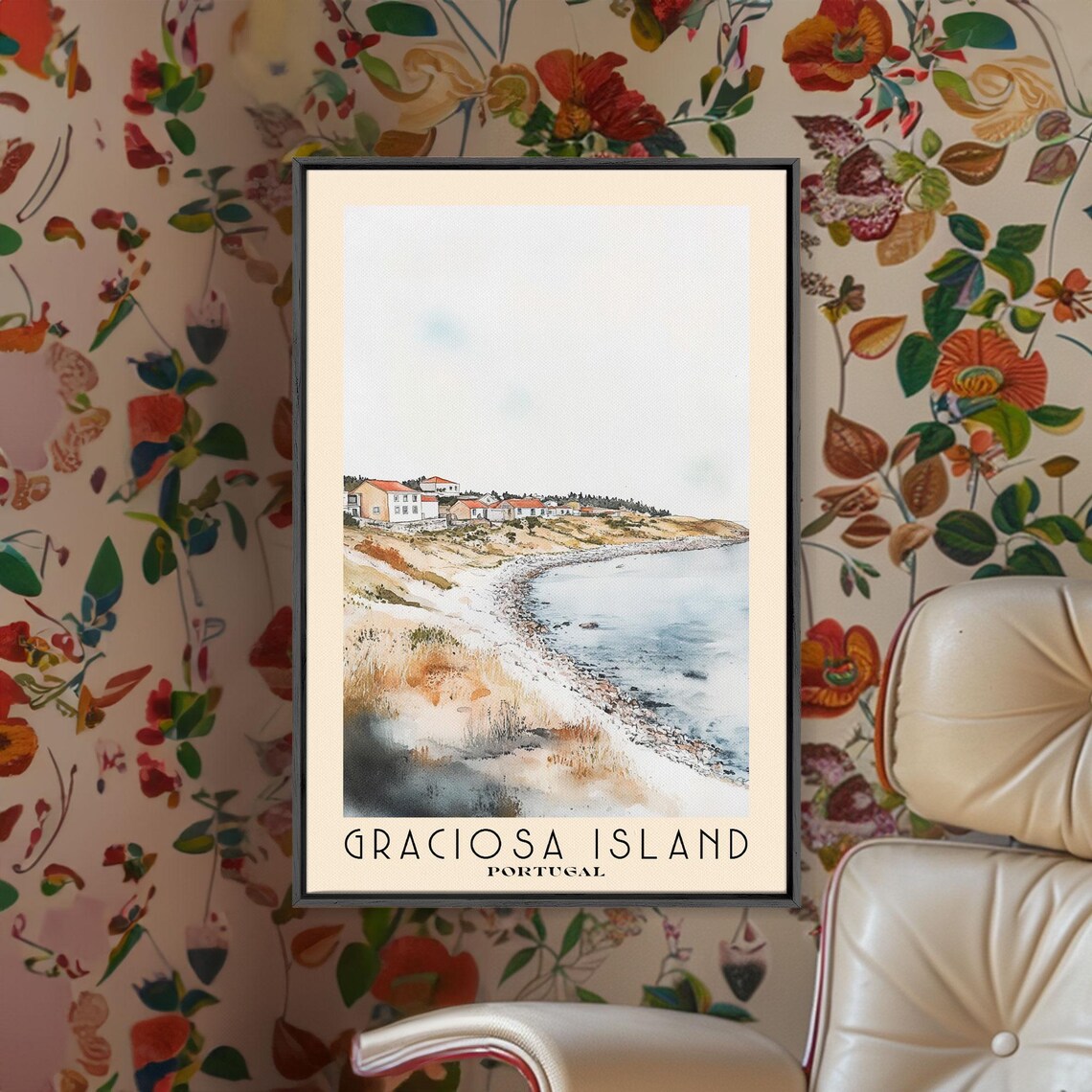 Graciosa Island Portugal Quiet Bay Red Roof Village Watercolor Poster - Image 2