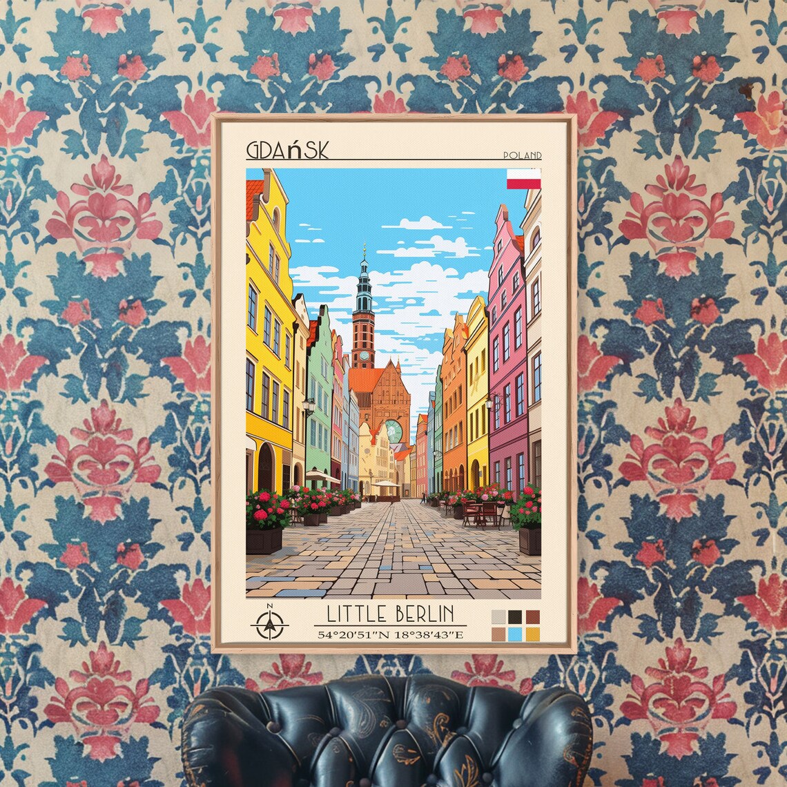 Gdansk Poland Colorful Cobbled Street Flower Planters Tower Poster