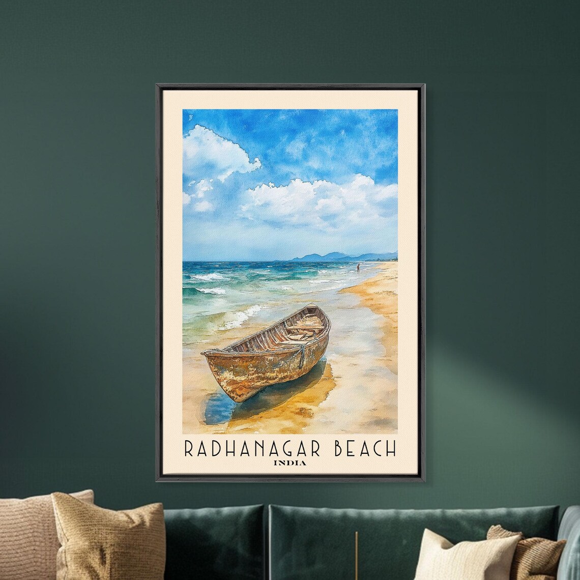 Radhanagar Beach India Weathered Wooden Boat Sandy Beach Blue Sea Watercolor Poster - Image 5