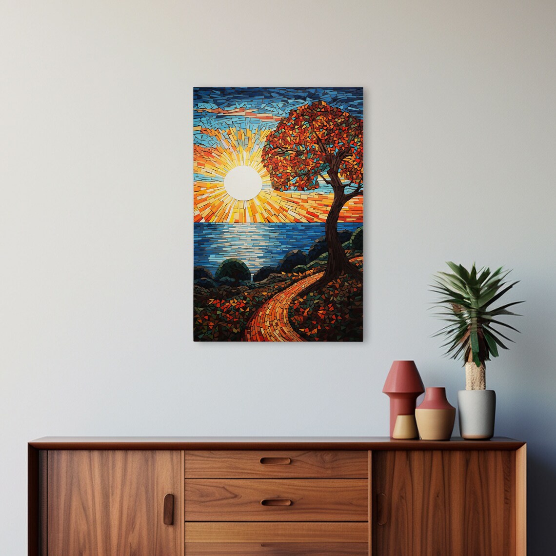 Mosaic Ocean Sunrise Red Leaf Tree Winding Path Coastal View Art Poster - Image 4