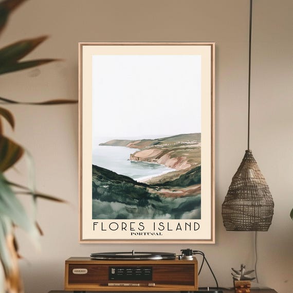 Flores Island Portugal Watercolor Beach Print Vacation Gift Portugal Wall Art Framed Print Framed Beach Painting