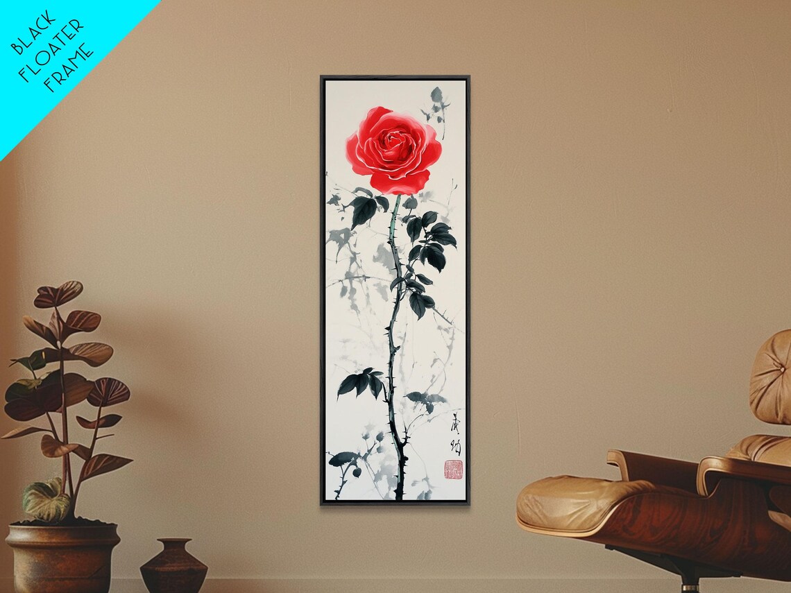 Red Rose Ink Wash Leaves White Background East Asian Botanical Poster - Image 3